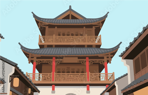 Chinese style architecture and scenery, vector graphics
