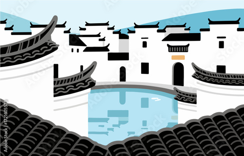 Chinese style architecture and scenery, vector graphics
