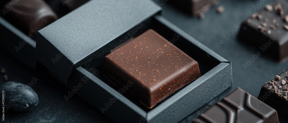 Fototapeta premium Dark chocolate squares in a sophisticated box.