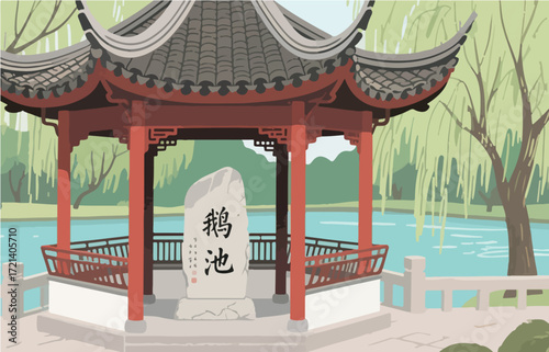 Chinese style architecture and scenery, vector graphics
