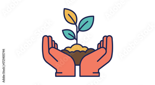 Hands cradling a small plant with green leaves and brown soil