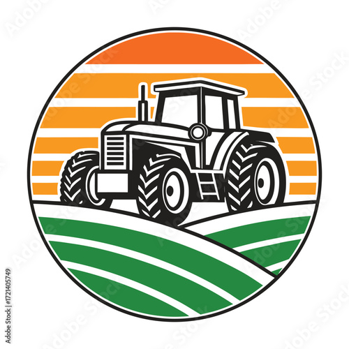 Cheerful farmer with a pitchfork standing next to a tractor isolated on white background a colorful cartoon illustration of rural life