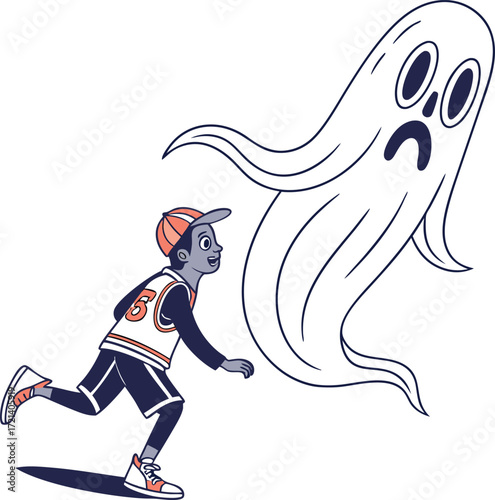 Scared young boy in athletic uniform running away from a cartoon ghost with a worried expression on white