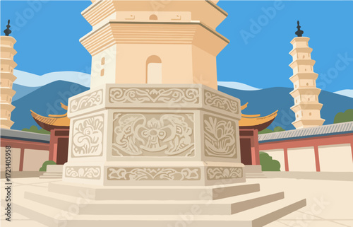 Chinese style architecture and scenery, vector graphics
