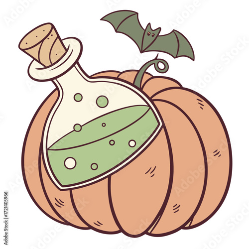 Halloween pumpkin with a potion bottle and a bat flying above, vector illustration