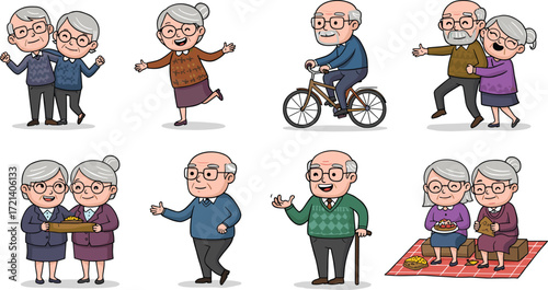 Cute cartoon grandparents characters set, elderly people illustration with senior couples, healthy aging lifestyle, retirement activities, family love concept