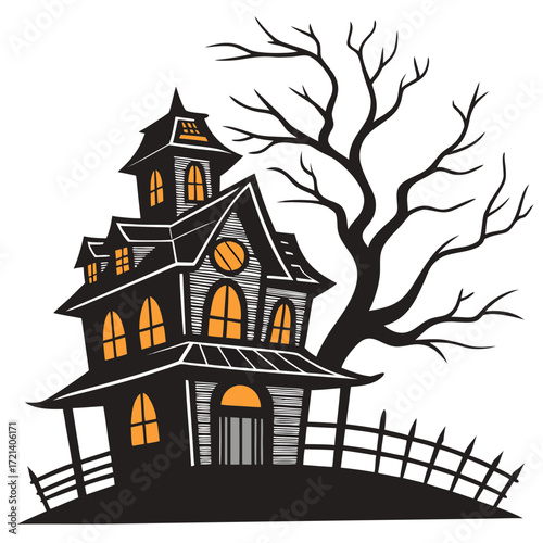 Spooky haunted house with bare tree and fence vector illustration