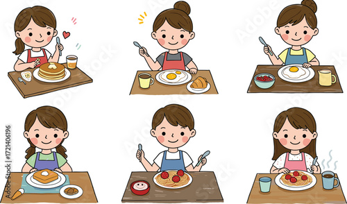 Cartoon kids eating breakfast and meals, cute vector illustrations of children with pancakes, eggs, toast, spaghetti, coffee, and juice