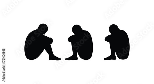 Three silhouetted figures sitting in a row heads bowed in contemplation