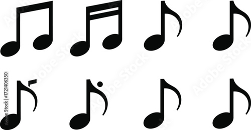 Black music notes symbols, isolated vector design, melody rhythm illustration, creative harmony icons, abstract sound pattern, composition art, musical background
