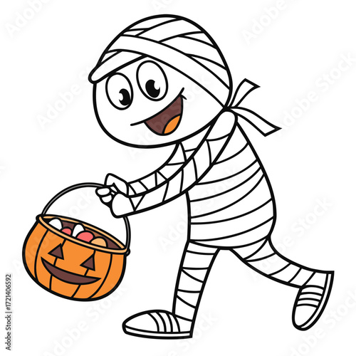 Cute cartoon mummy character with a trick or treat bucket, vector illustration