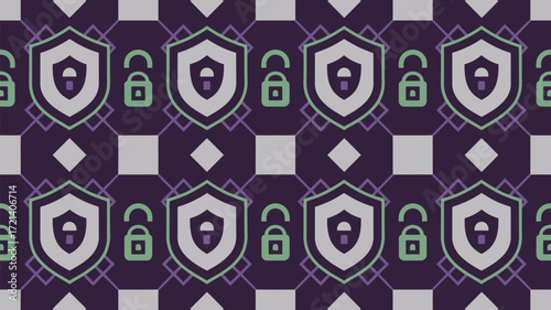 Repeating pattern of shields and locks on a checkered background in purple and light gray hues