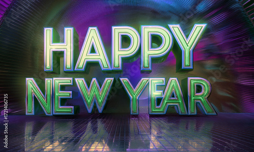 Happy New Year 3D Metallic Text With Neon Lights And Explosive Color Burst For Festive Celebration