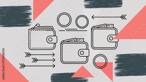 A graphical representation of wallets, coins, and arrows on a patterned background with brush strokes