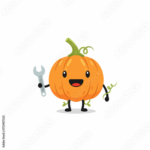 Cute cartoon pumpkin character holding a wrench.