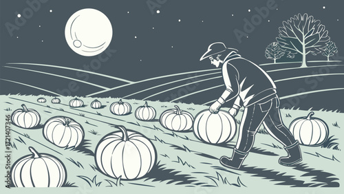 Farmer harvesting pumpkins under a full moon in a field at night rural autumn scene
