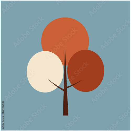Abstract minimalist illustration of a tree with circular foliage in autumnal colors against a muted blue background