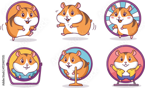 Cute cartoon hamster illustrations running and playing in wheels, funny pet hamster characters for kids, exercise, fitness, and animal designs