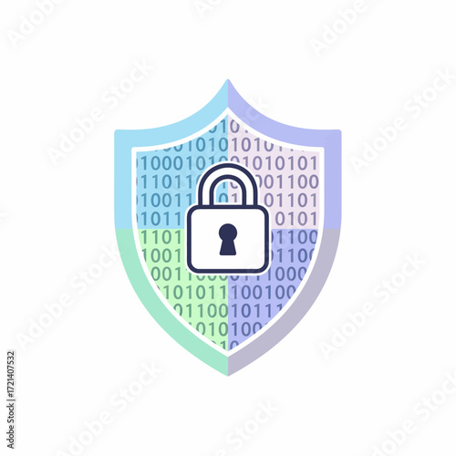 Digital Security Shield with Padlock and Binary Code.