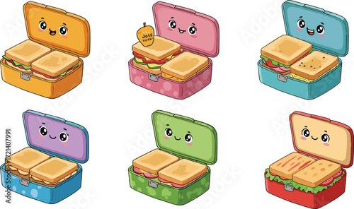 Cute cartoon lunchboxes with sandwiches and happy faces, kids school meal illustration, healthy food, lunch break, kawaii style, colorful containers