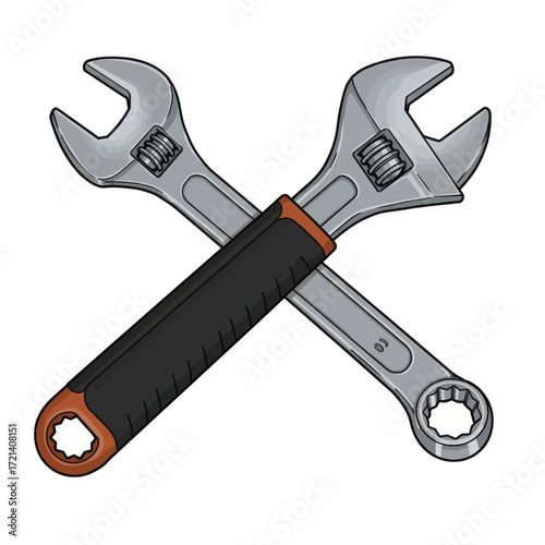 Two crossed wrenches, one adjustable and one open-ended, with orange and black handles, on a white background