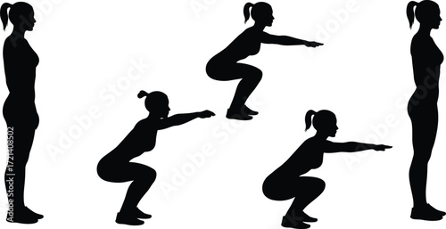 Silhouette of woman doing squats, fitness workout, exercise routine, body training, gym practice, strength workout, healthy lifestyle, functional movement, sport, balance