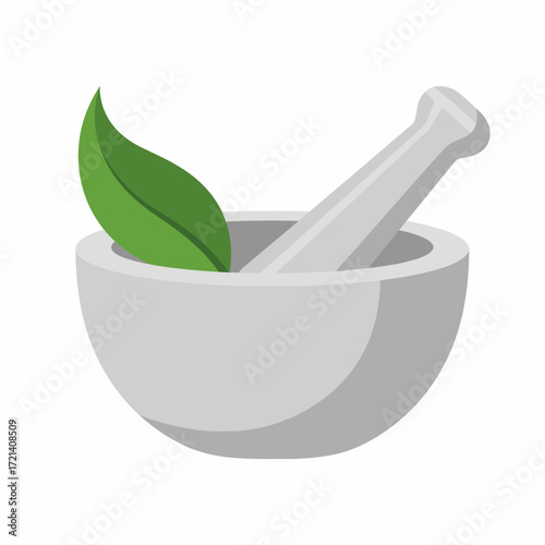 Gray mortar and pestle with green leaf.
