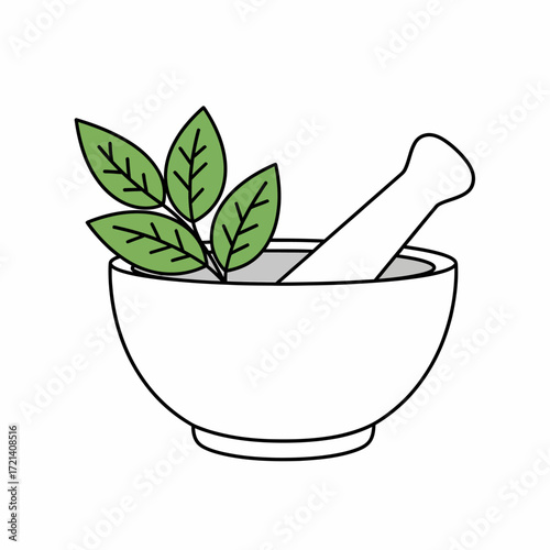 Simple line drawing of a mortar and pestle with fresh herbs.