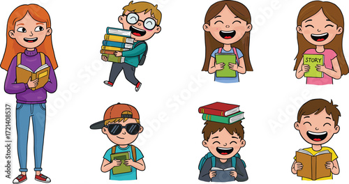 Happy cartoon kids reading books, studying together, students with backpacks, story time, fun learning, colorful children illustration, education, classroom activity