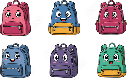 Cute cartoon backpacks with faces, colorful school bags for kids, happy student supplies, education accessories, study tools, classroom essentials, back to school