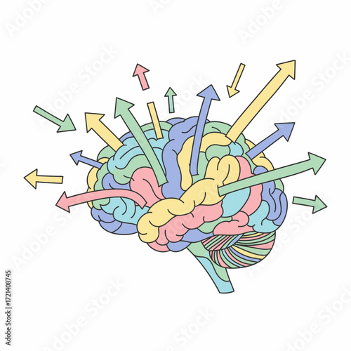 Colorful Brain with Arrows Representing Thoughts and Ideas.