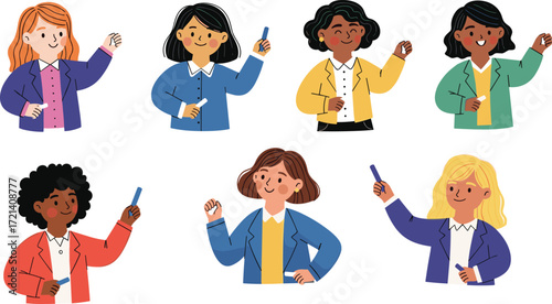 Cartoon female teachers illustration, women teaching with markers, diverse businesswomen, classroom education, lecture, presentation, office training, leadership, coaching