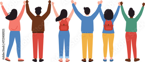 Group of diverse people raising hands, teamwork success, unity concept, friends together, celebration, support, diversity, community, collaboration, happiness