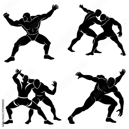 Four black silhouettes depicting wrestlers in various grappling and fighting stances on a white backdrop