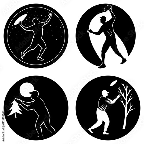 Four circular icons depicting silhouettes of people playing frisbee in different environments and settings