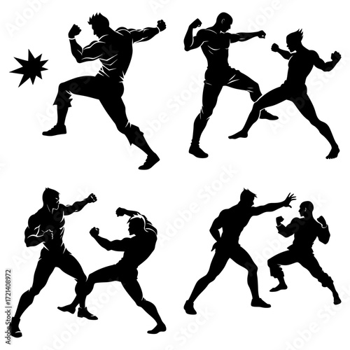 Silhouettes of muscular fighters engaged in various combat stances and action poses in black and white