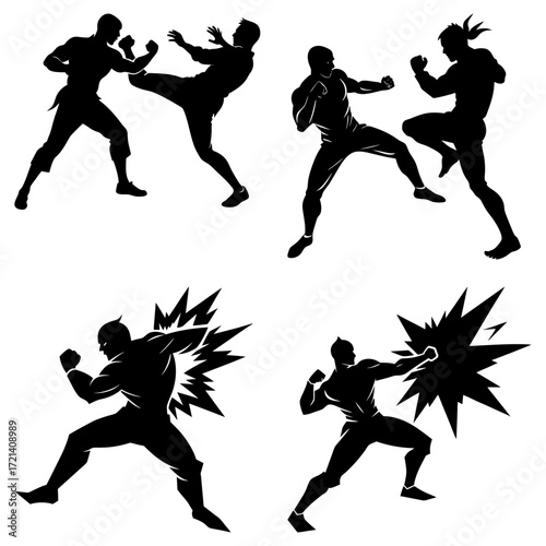 Silhouettes of martial artists in various fighting stances showcasing combat and action moves in dynamic poses