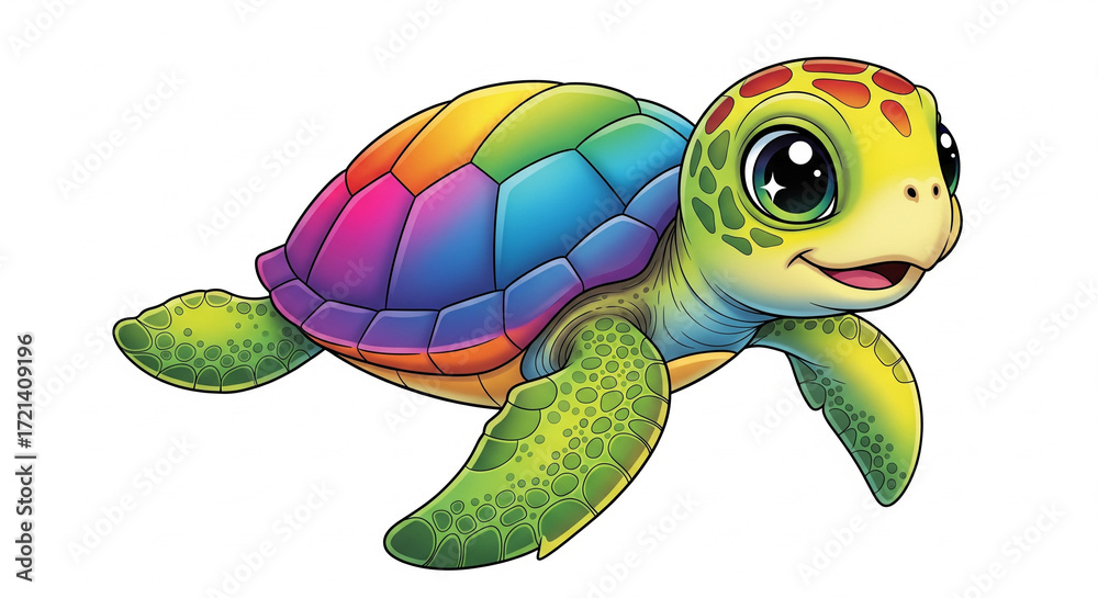 Fototapeta premium Adorable cartoon sea turtle with vibrant rainbow shell swimming happily
