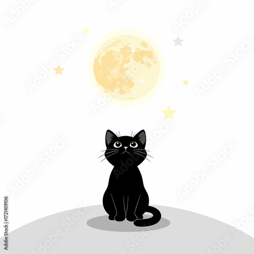 Black cat gazing at the moon in a serene night scene.