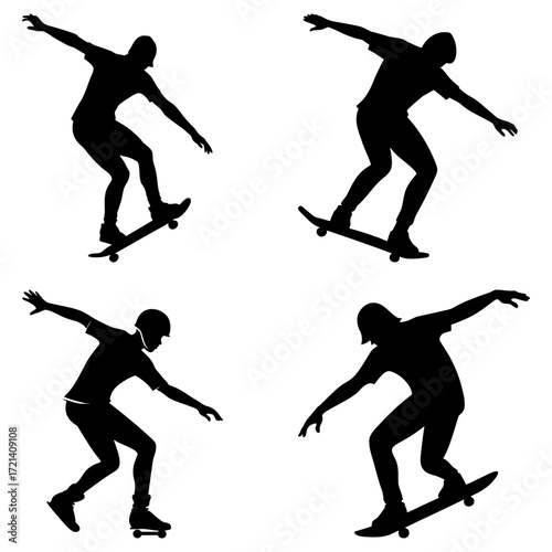 Silhouette illustration of four skateboarders performing tricks against a white background in various poses