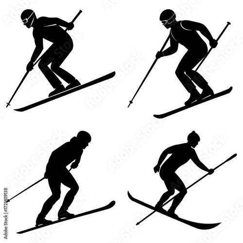 Four skiers in silhouette performing downhill skiing on a white background in various action poses and stances