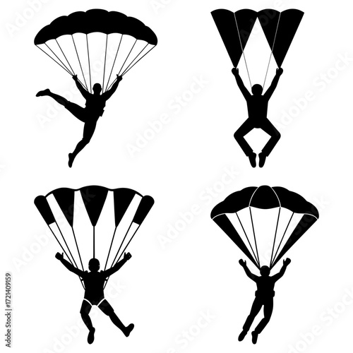 Four black silhouette skydivers with parachutes in various poses on a white plain background design view