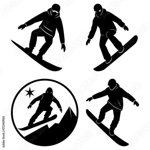 Collection of snowboarder silhouettes in various poses and a mountain scene in black and white style