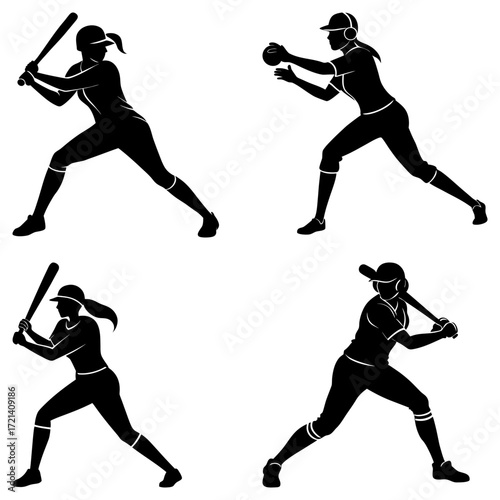 Four silhouettes of female softball players in various poses batting and catching on a white background