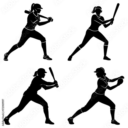 Four silhouettes of female baseball players in various batting and fielding positions on a white background