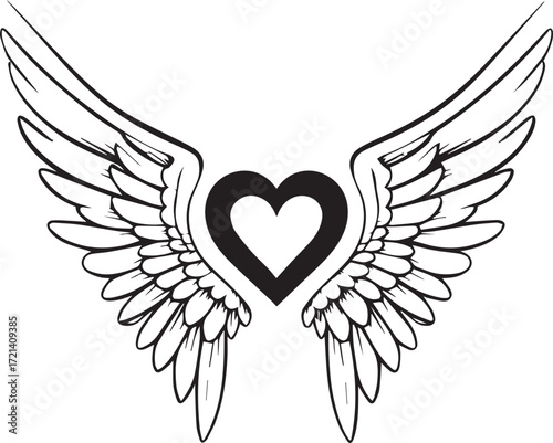 Heart with Wings Design: An elegant illustration showcasing a heart embraced by angel wings, a symbol of love and freedom. Embodying the spirit of grace, protection, and affection.