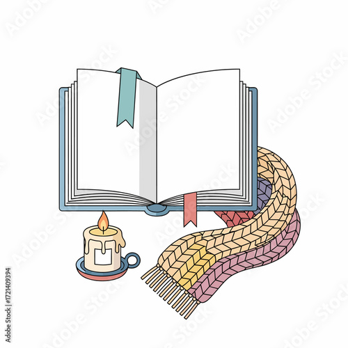Cozy Reading Scene with Open Book, Candle, and Knitted Scarf.
