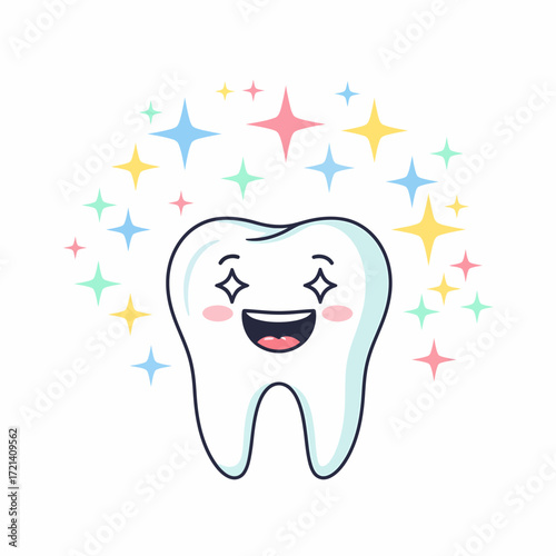 Happy cartoon tooth with sparkling effects.