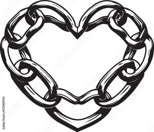 Chain-Link Heart: A bold graphic representation of a heart shape, meticulously crafted from interconnected chain links, evoking feelings of strength, unity, and connection. 