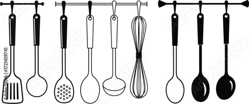 Kitchen utensils hanging vector illustration black and white